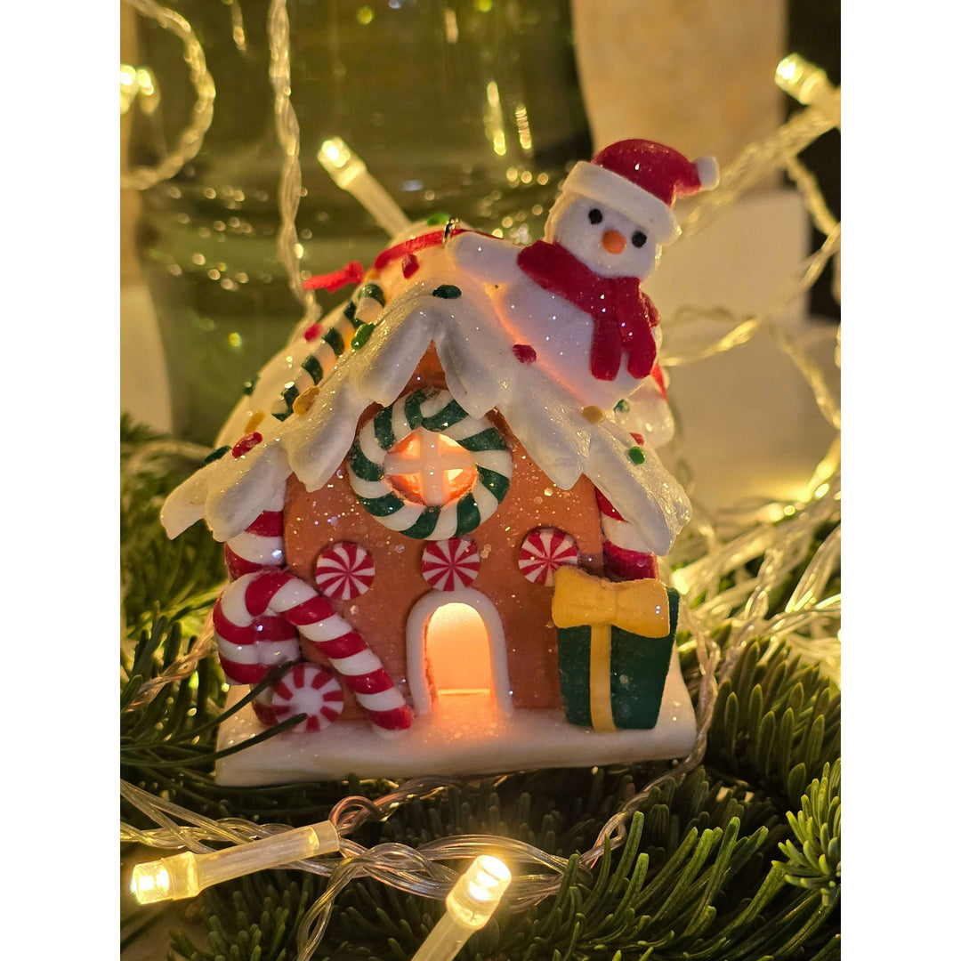 Christmas Ornament - Gingerbread Snow House with Snowman. Wizardi Festive Decoration F07-N2-18-EE403C