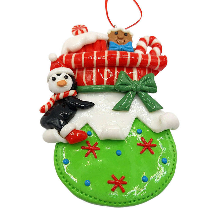 Christmas Ornament - Glossy Gingerbread Gift Bag with Penguin. Wizardi Festive Decoration F07-N2-11-AA440B
