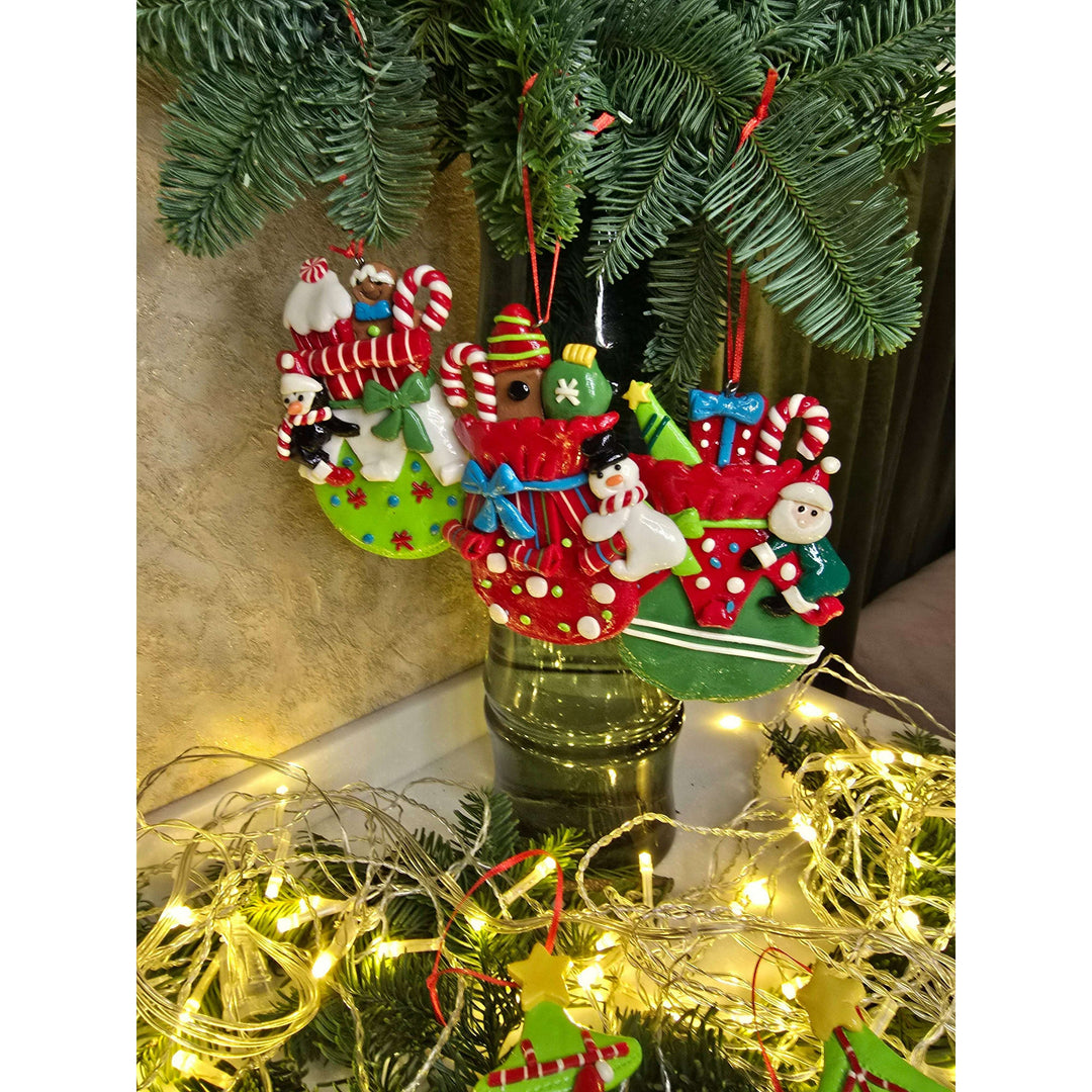 Christmas Ornament - Glossy Gingerbread Gift Bag with Snowman. Wizardi Festive Decoration F07-N2-11-AA440A