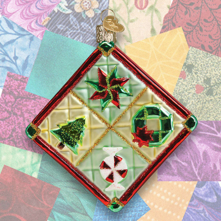 Old World Christmas Quilt Blown Glass Ornament