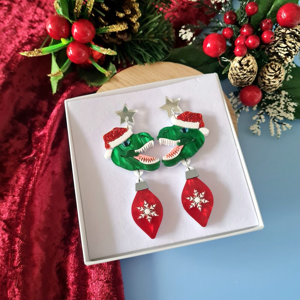 Christmas T-Rex Dinosaur Dangle Earrings by Cherryloco Jewellery