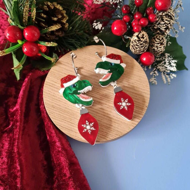 Christmas T-Rex Dinosaur Dangle Earrings by Cherryloco Jewellery 1