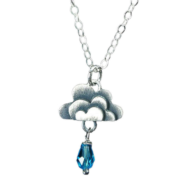 Chickenscratch Cloud Pendant — cast sterling silver cloud charm necklace with blue Czech glass raindrop dangle on 18-inch sterling silver chain