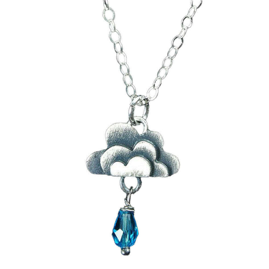 Chickenscratch Cloud Pendant — cast sterling silver cloud charm necklace with blue Czech glass raindrop dangle on 18-inch sterling silver chain