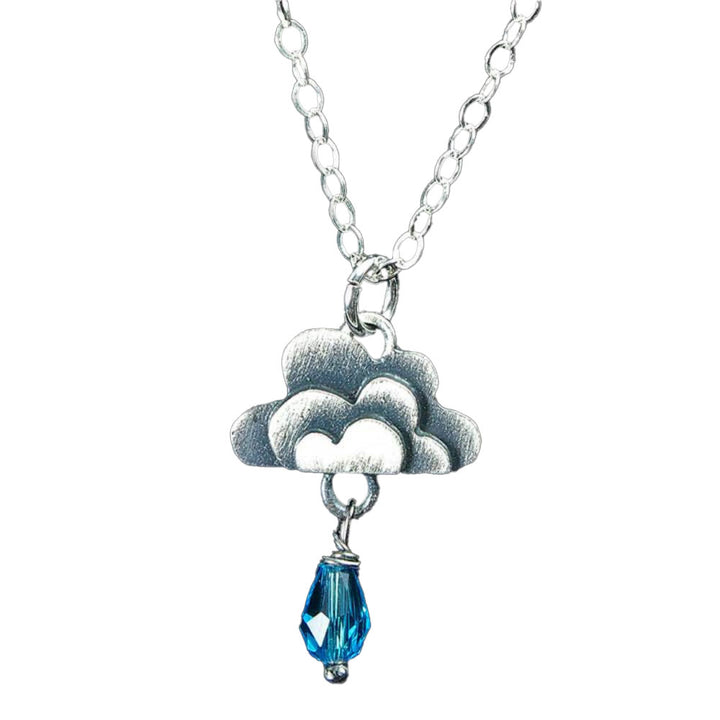 Chickenscratch Cloud Pendant — cast sterling silver cloud charm necklace with blue Czech glass raindrop dangle on 18-inch sterling silver chain