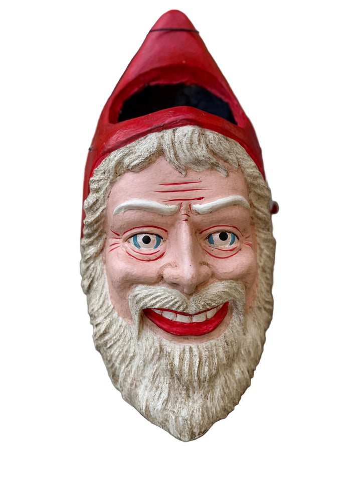 Vintage-style santa gnome head paper mache bucket with a red hat 