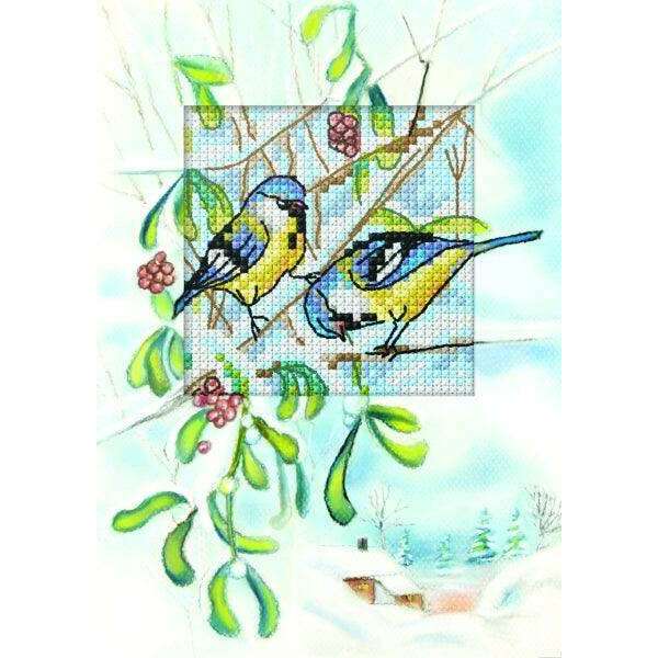 Complete counted cross stitch kit - greetings card "Blue Titmice" 6268