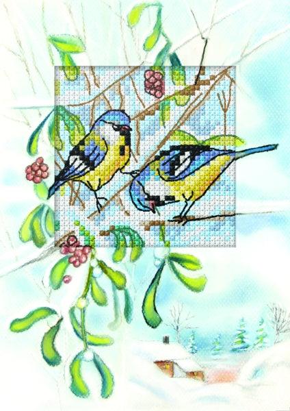 Complete counted cross stitch kit - greetings card "Blue Titmice" 6268