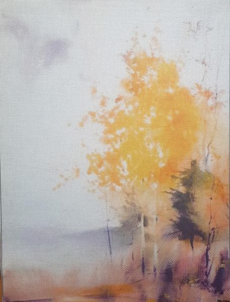 Golden Maple Designer Printed AIDA Fabric. Canvas for embroidery with an applied background  KF-1099A