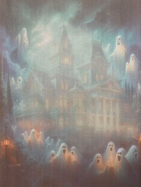 Eerie Village Designer Printed AIDA Fabric. Canvas for embroidery with an applied background  KF-1382A