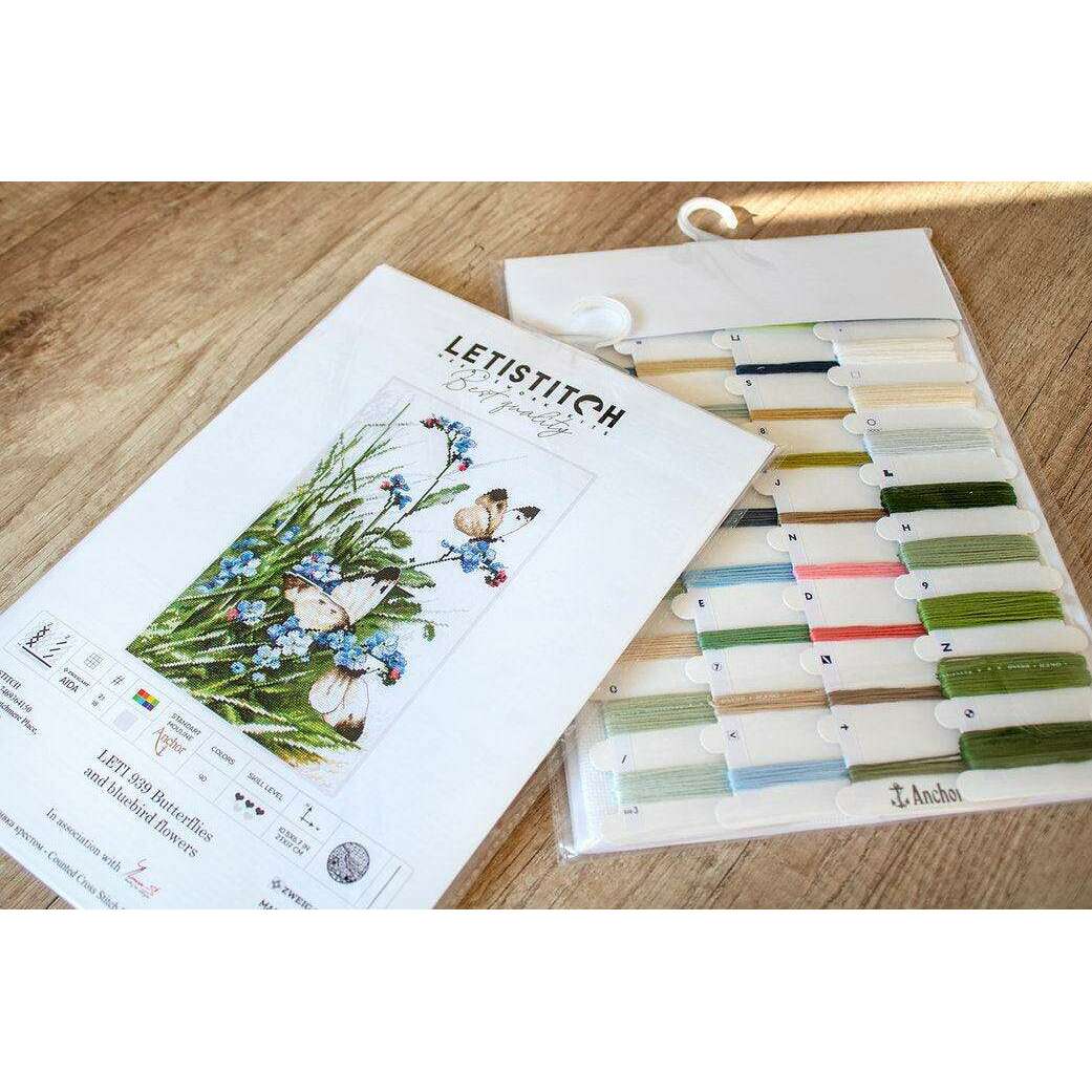 Counted Cross Stitch Kit Butterflies and bluebird flowers Leti939