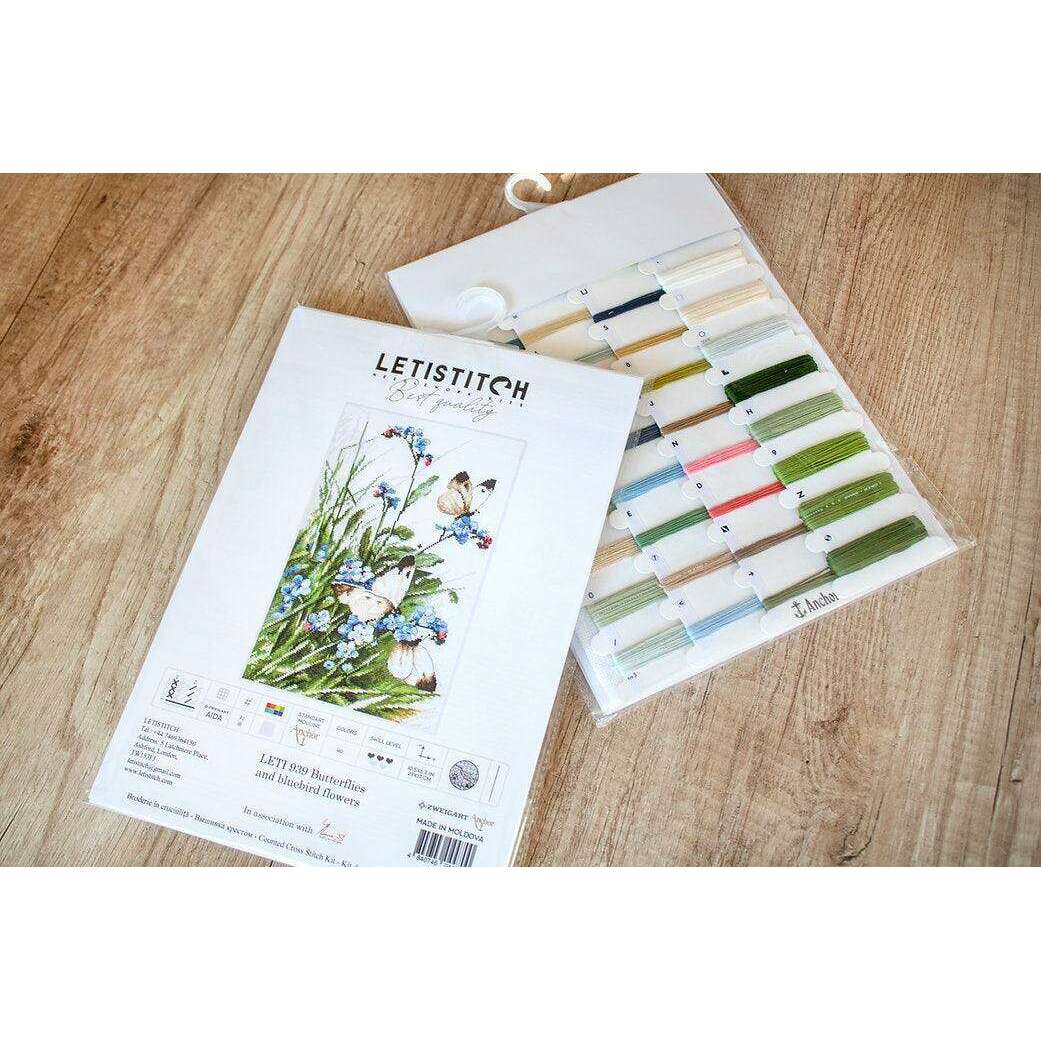 Counted Cross Stitch Kit Butterflies and bluebird flowers Leti939