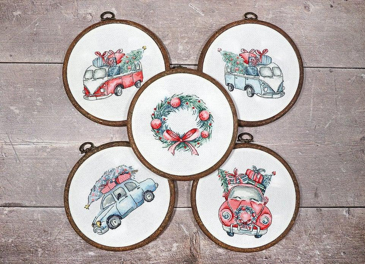 Counted Cross Stitch Kit Christmas Retro Cars / Kit of 5 Leti965