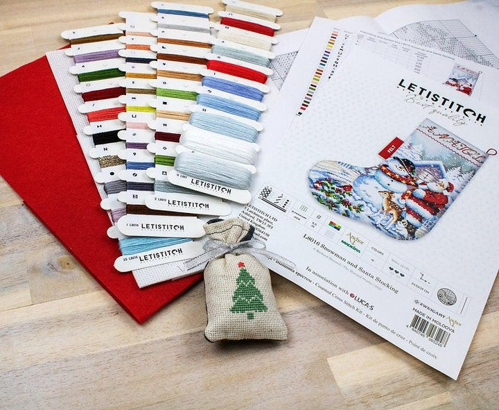 Counted Cross Stitch Kit Snowman and Santa Stocking L8016