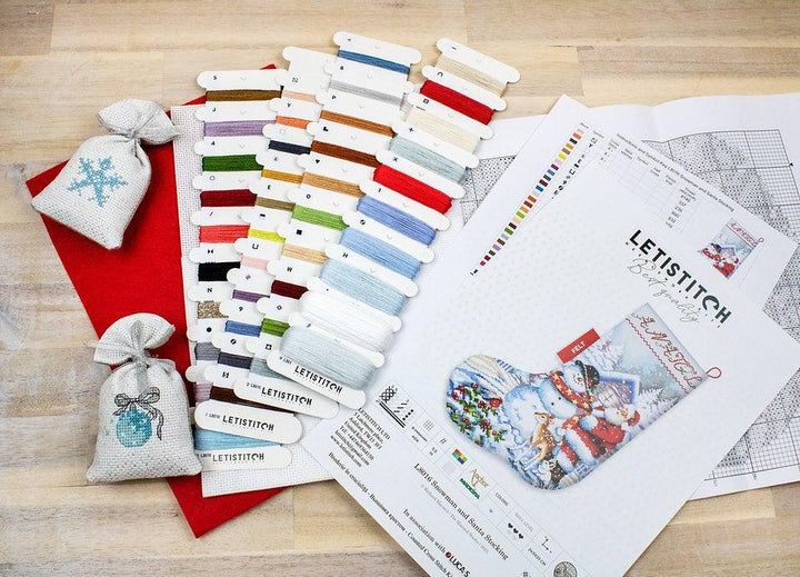 Counted Cross Stitch Kit Snowman and Santa Stocking L8016