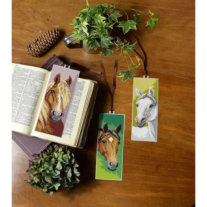Counted cross stitch kit with plastic canvas Bookmarks "Horses heads" set of 3 designs 7693