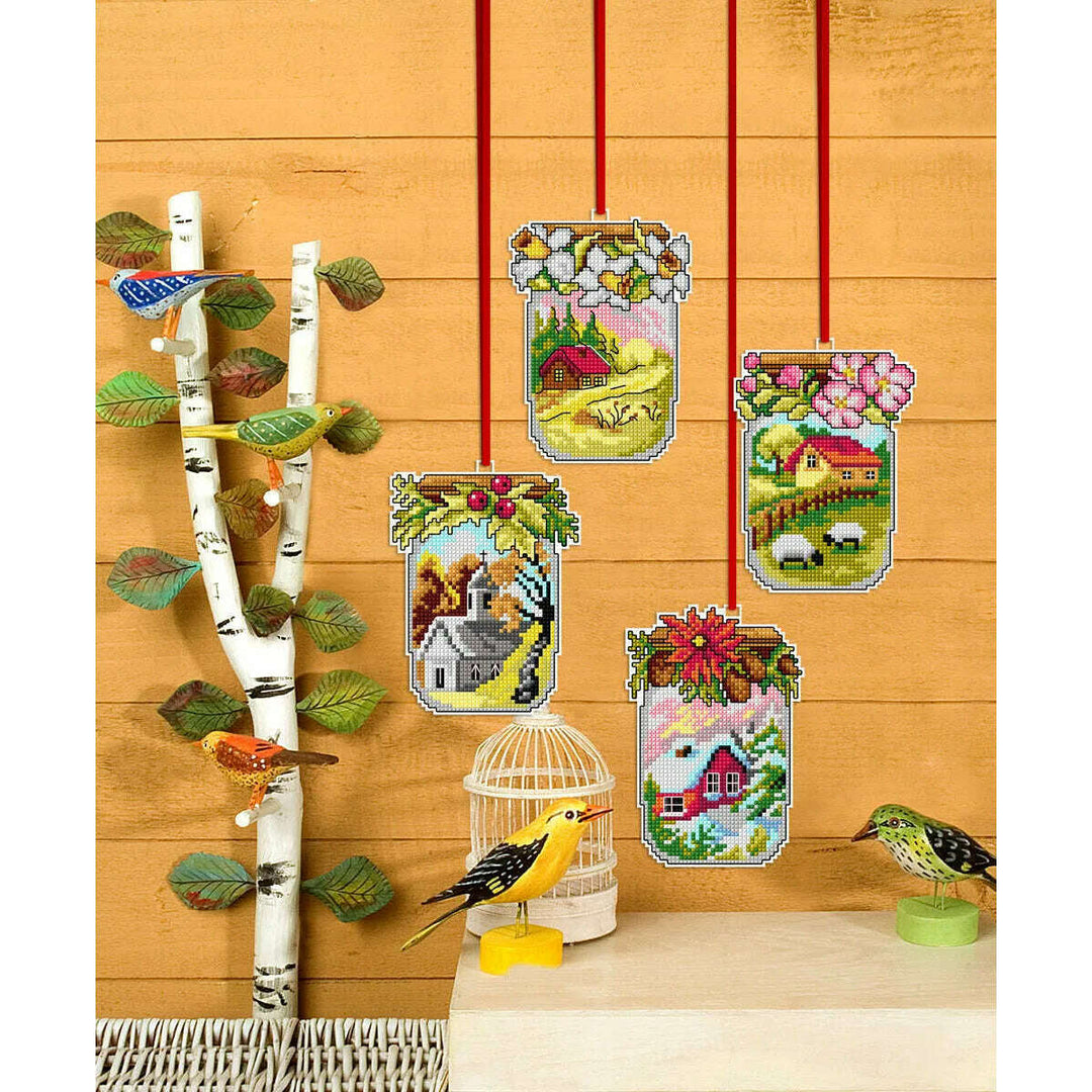Counted cross stitch kit with plastic canvas "Four seasons jars" set of 4 designs 7698