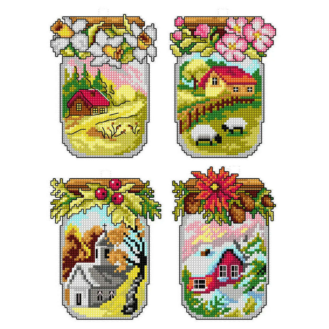 Counted cross stitch kit with plastic canvas "Four seasons jars" set of 4 designs 7698