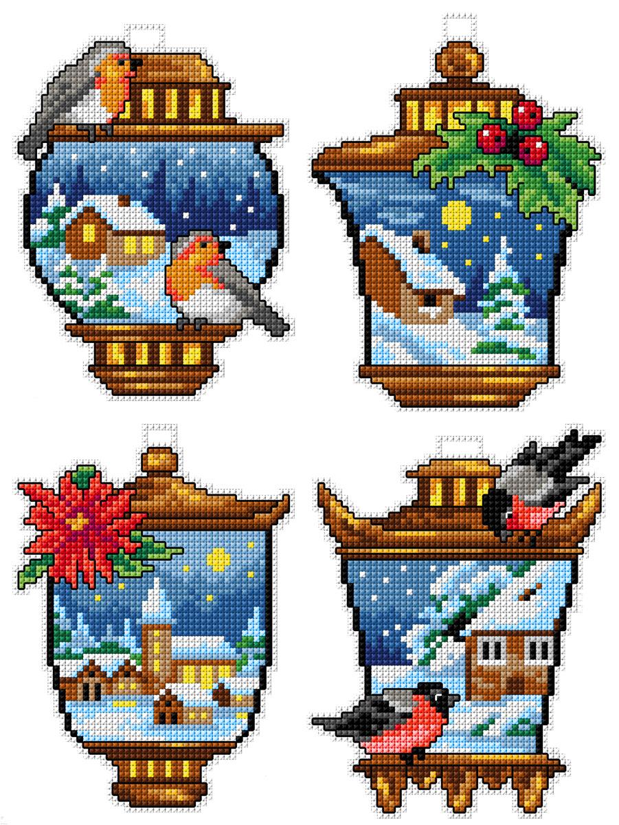 Counted cross stitch kit with plastic canvas "Winter Lantern" set of 4 designs 7688