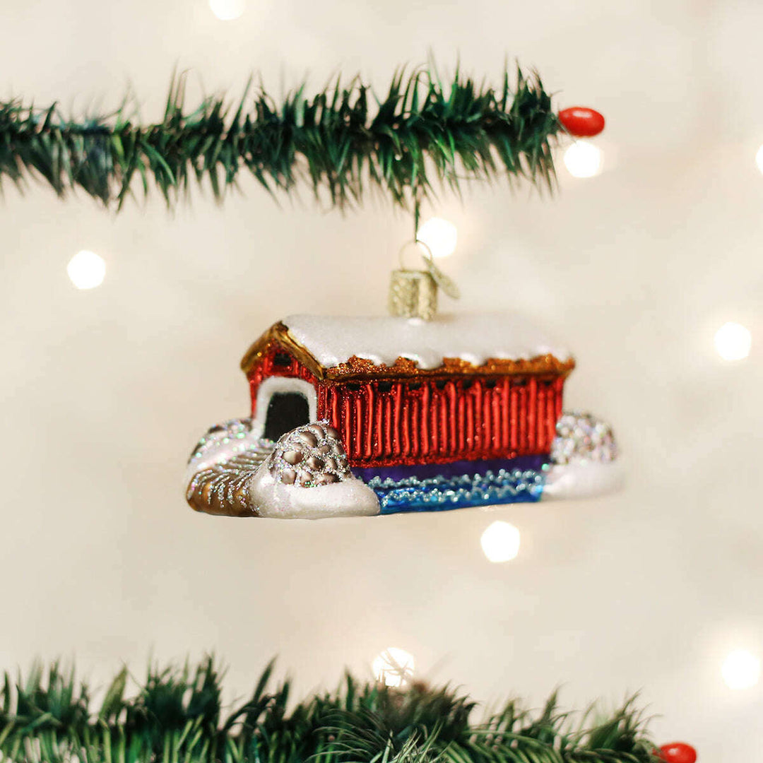 Old World Christmas Covered Bridge Blown Glass Ornament