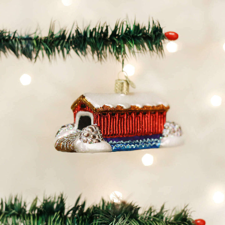 Old World Christmas Covered Bridge Blown Glass Ornament