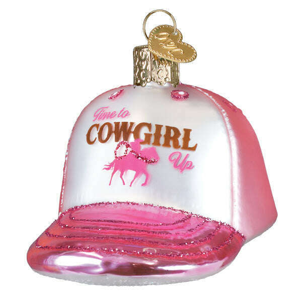 Old World Christmas Cowgirl Trucker Cap Blown Glass Ornament