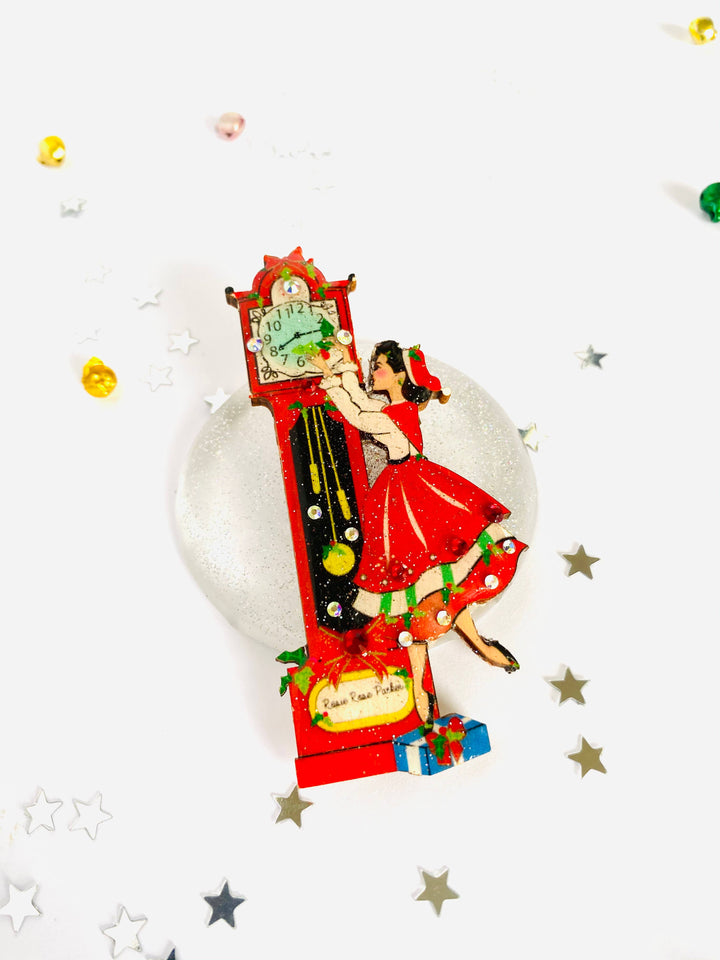 Christmas Eve Grandfather Clock Brooch by Rosie Rose Parker