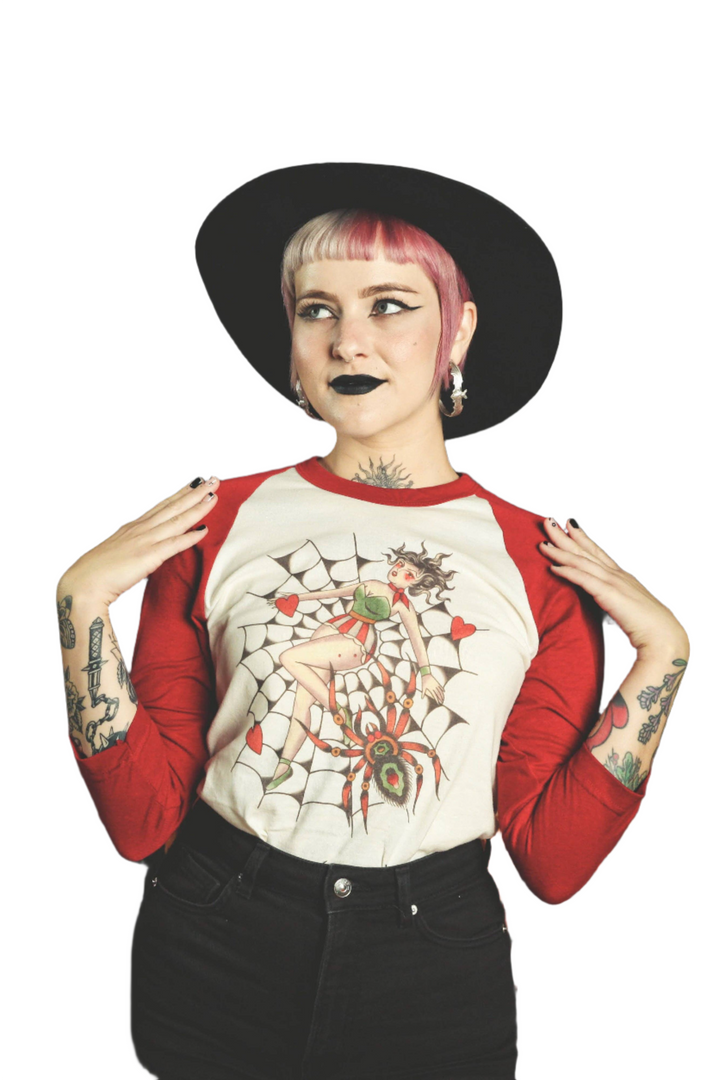 Love Trap Unisex Raglan Tee in Natural/Red: Unisex-MEDIUM