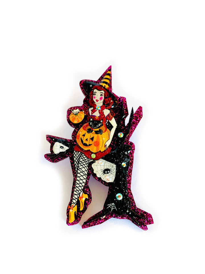 Meggie the Witch & her Pumpkin Cat Brooch by Rosie Rose Parker