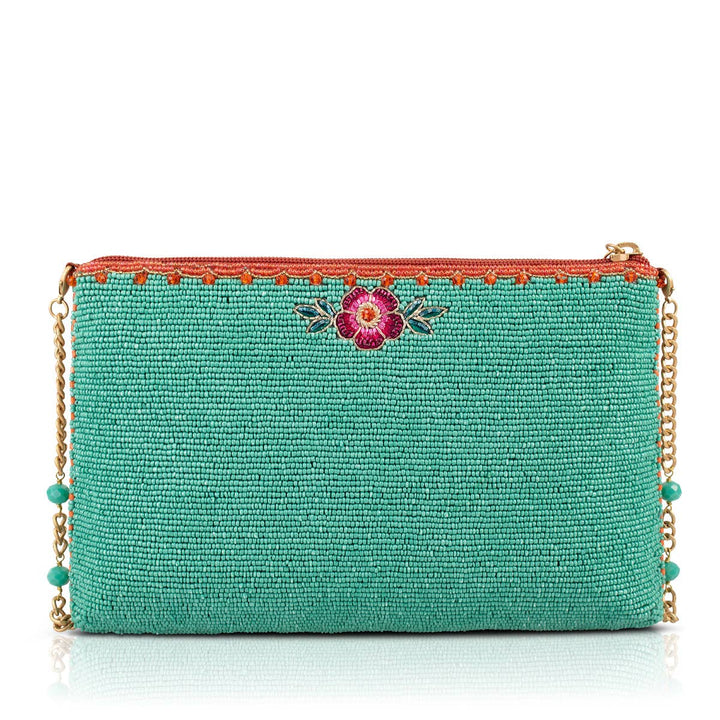 Two In Love Lovebirds and Heart on Turquoise Beaded Handbag