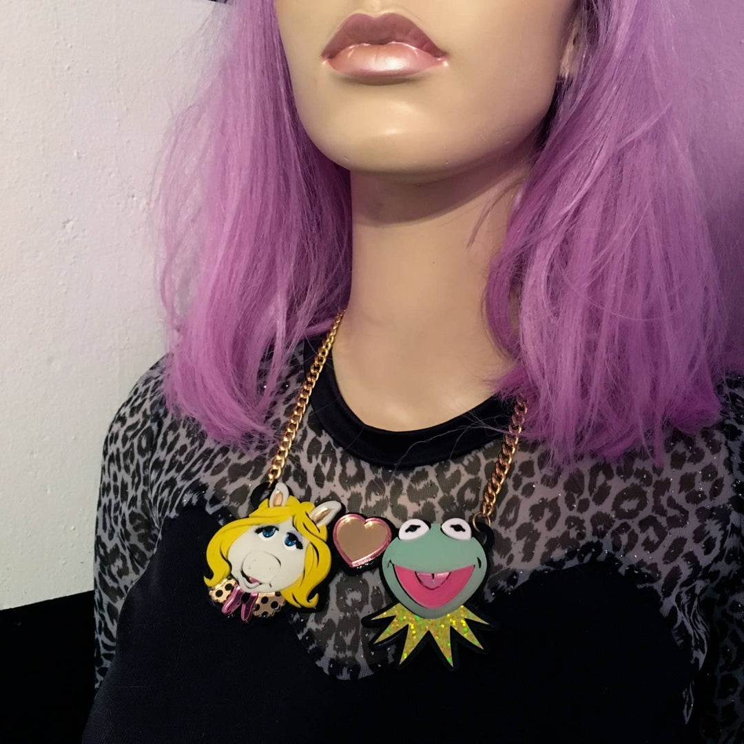 Miss Piggy Loves Kermit Laser Cut Acrylic Necklace