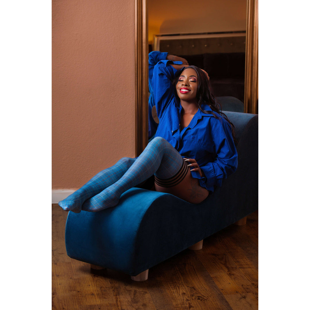 Debbie: Navy Plaid Thigh Highs. Petite to Plus Size