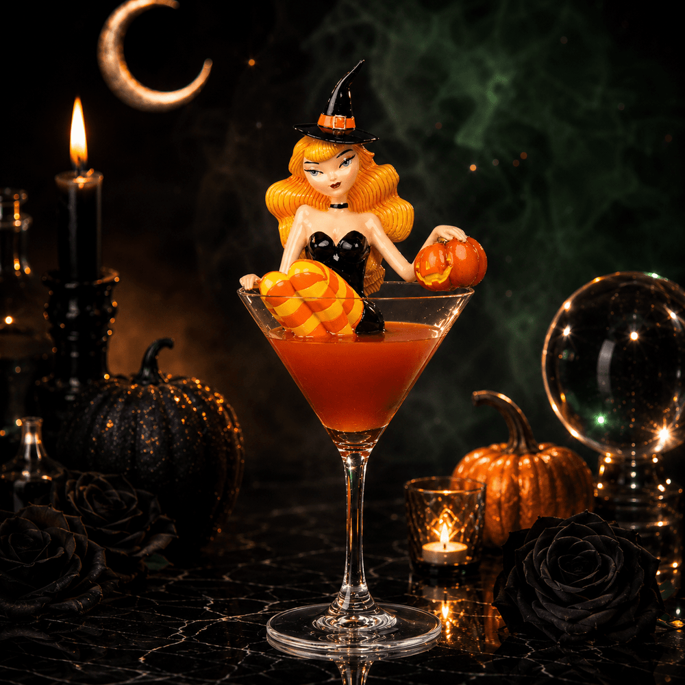 miss fluff halloween orange witch martini glass