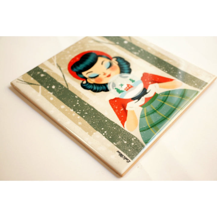 Decorative Tile Girl with Snow Globe by Laliblue 2