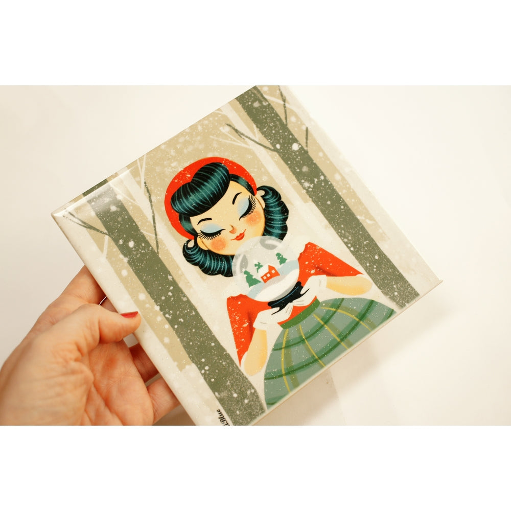 Decorative Tile Girl with Snow Globe by Laliblue 4