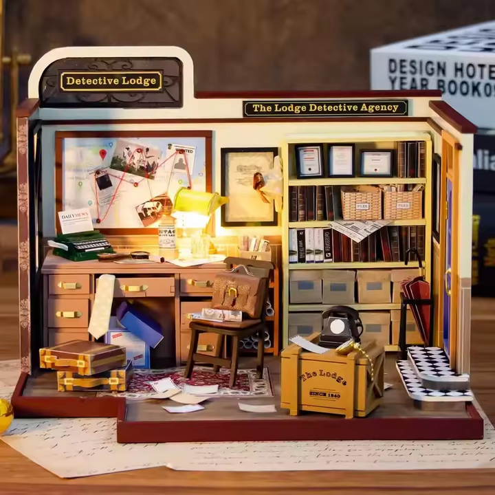 Detective Lodge Dollhouse Kit - Miniature Wizardi Roombox Kit with LED Light F07M51-82-PC2308