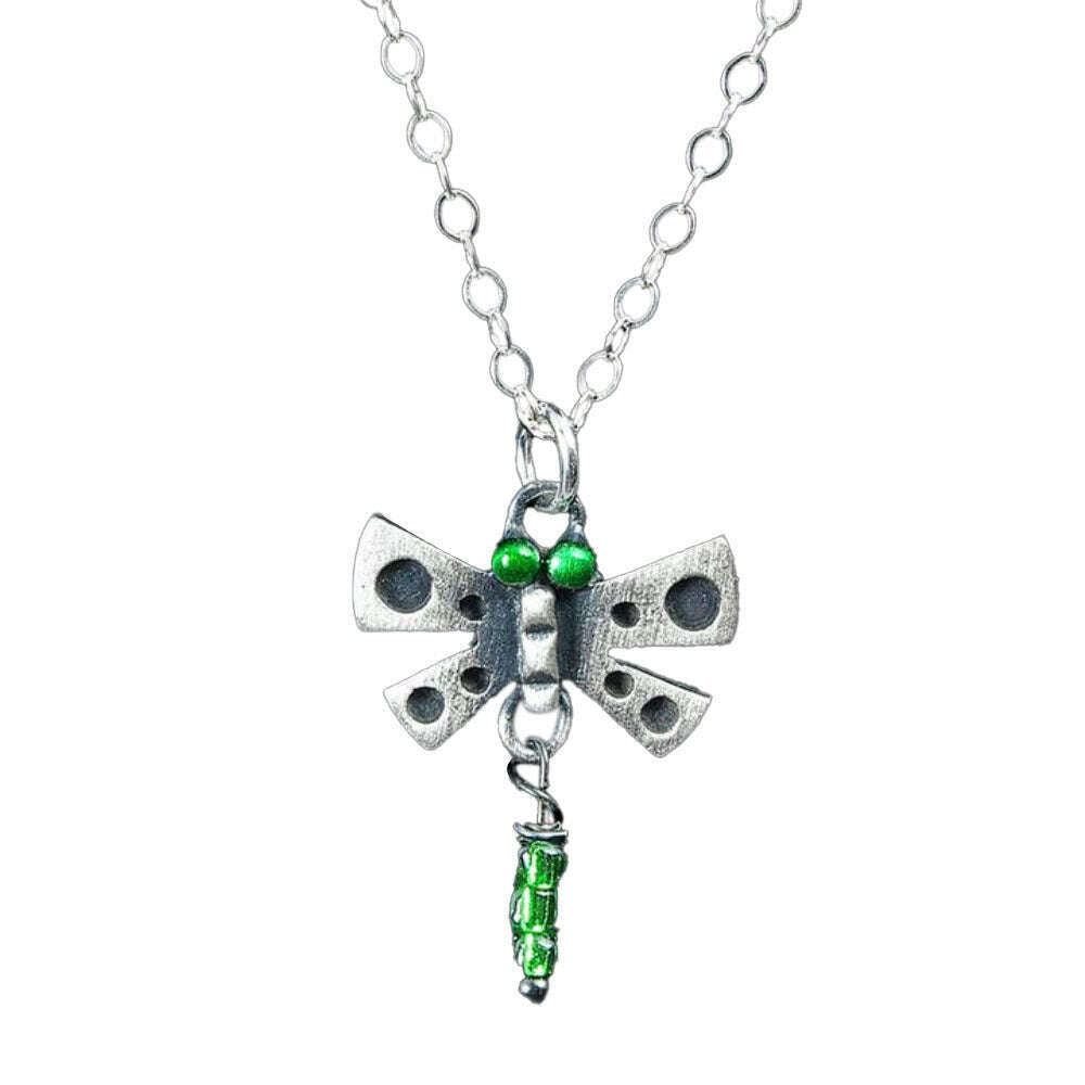 Chickenscratch Dragonfly Pendant — cast sterling silver dragonfly necklace with enamel paint accents and green beaded dangle on 18-inch chain