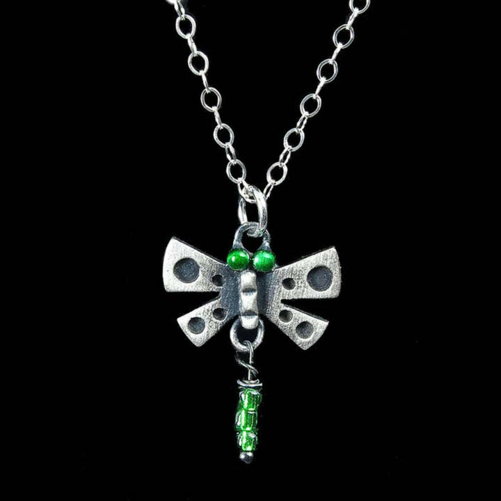 Chickenscratch Dragonfly Pendant detail — artisan sterling silver dragonfly charm necklace handmade in USA