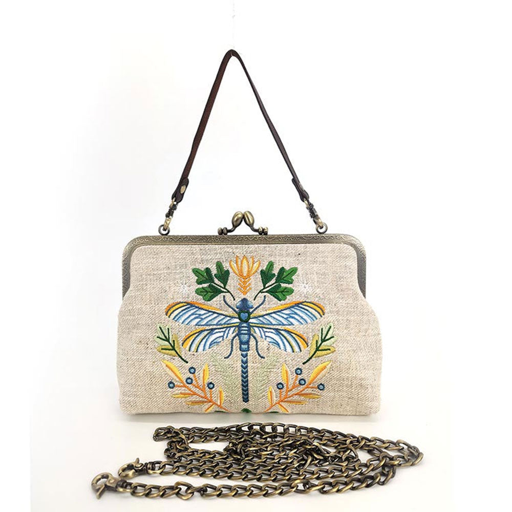 Dragonfly Vintage Kisslock Bag : Beige