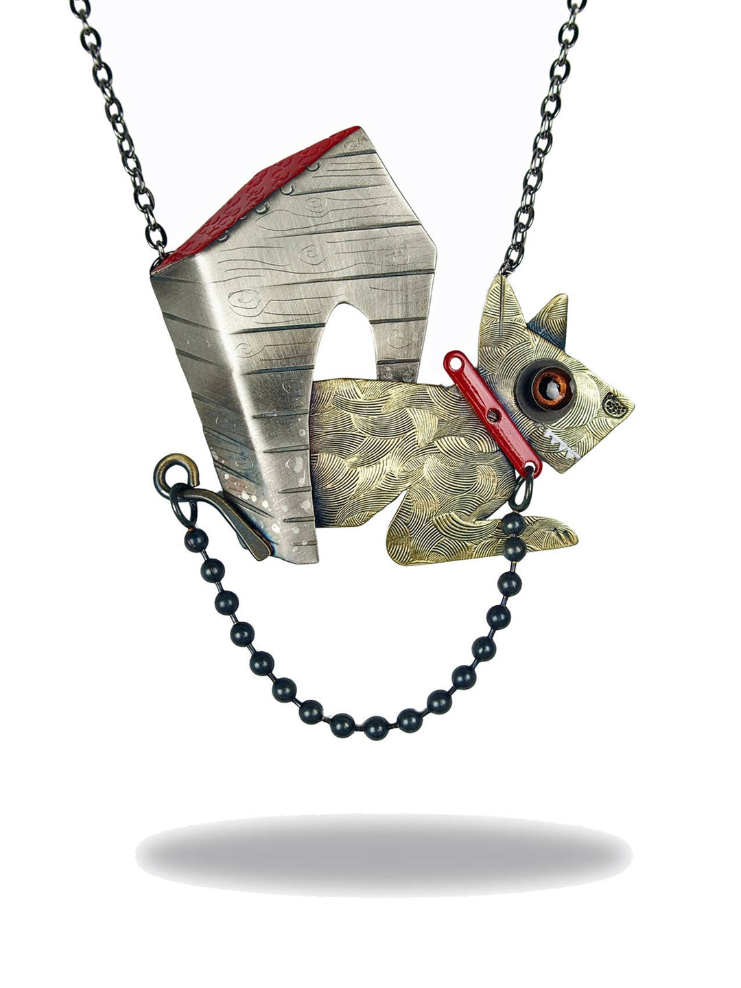 Watchdog Necklace — mixed metals dog pendant with copper eye and swinging leash by Chickenscratch