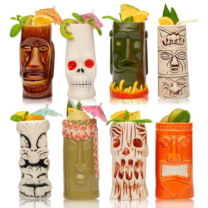 Hard-Carved and Hand-Painted Tiki Mugs - Assorted Set of 8