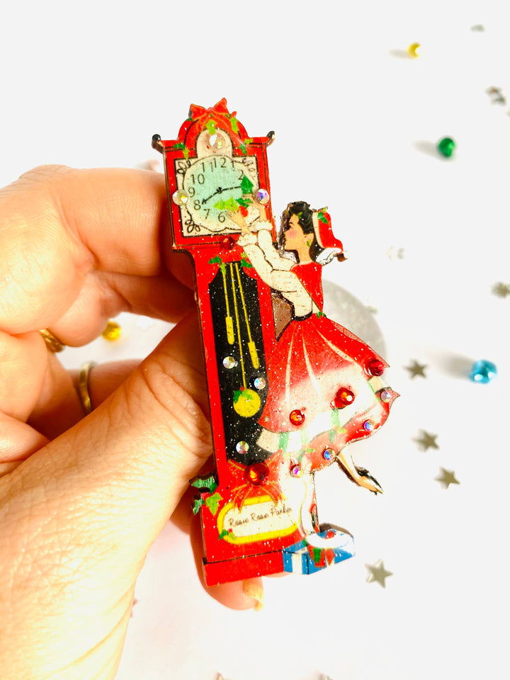 Christmas Eve Grandfather Clock Brooch by Rosie Rose Parker