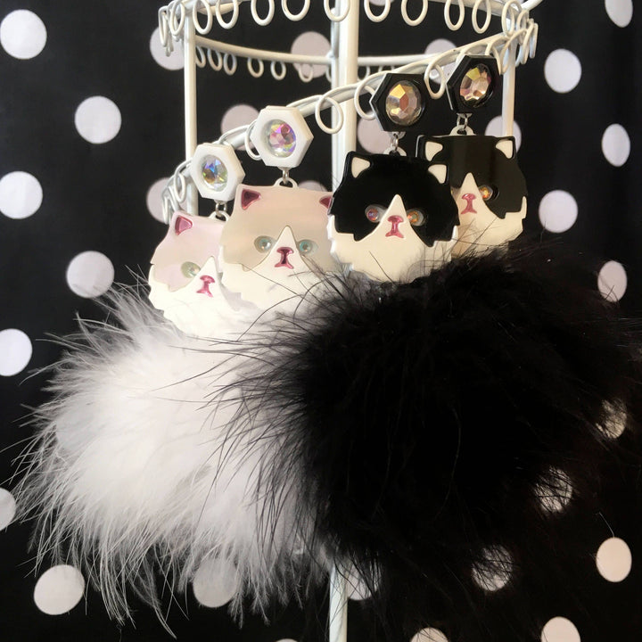 Persian Kitty Cat And Pom Pom Earrings In White Or Black & White, Laser Cut Acrylic, Plastic Jewelry