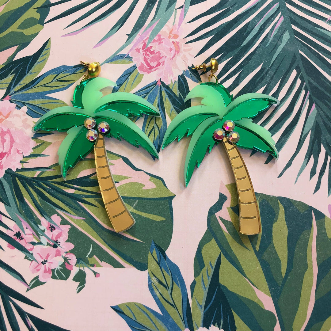 Mirrored Palm Tree Earrings With Rhinestones