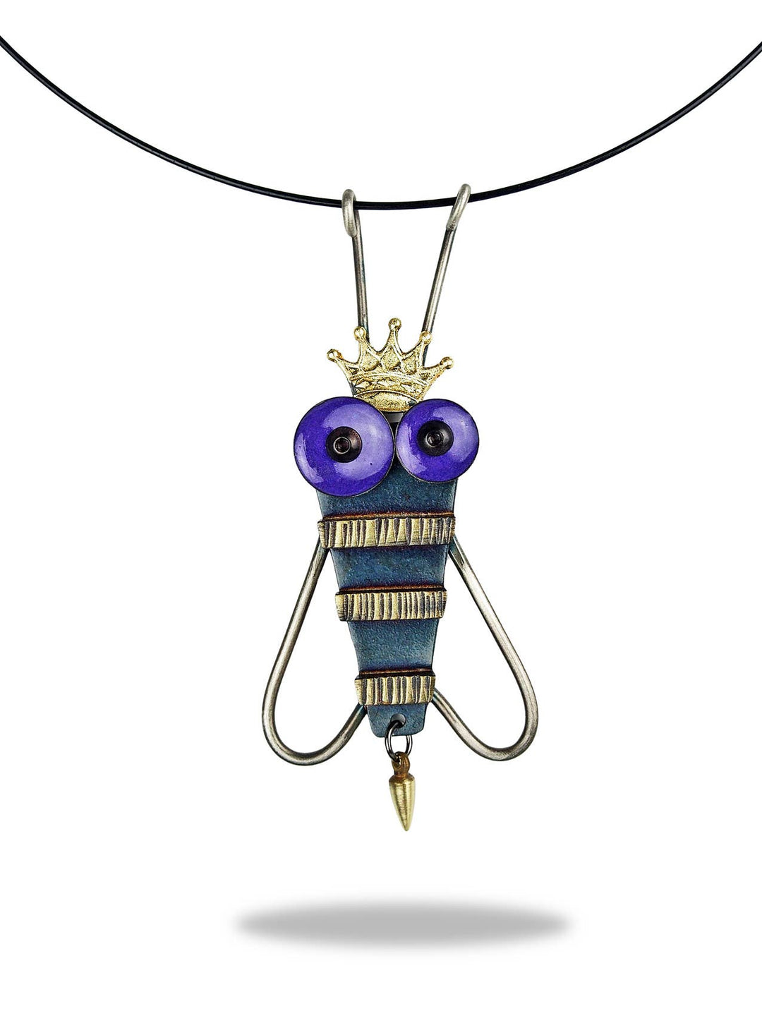 Queen Bee Necklace — articulated brass bee with gold leaf and purple epoxy resin eyes by Chickenscratch