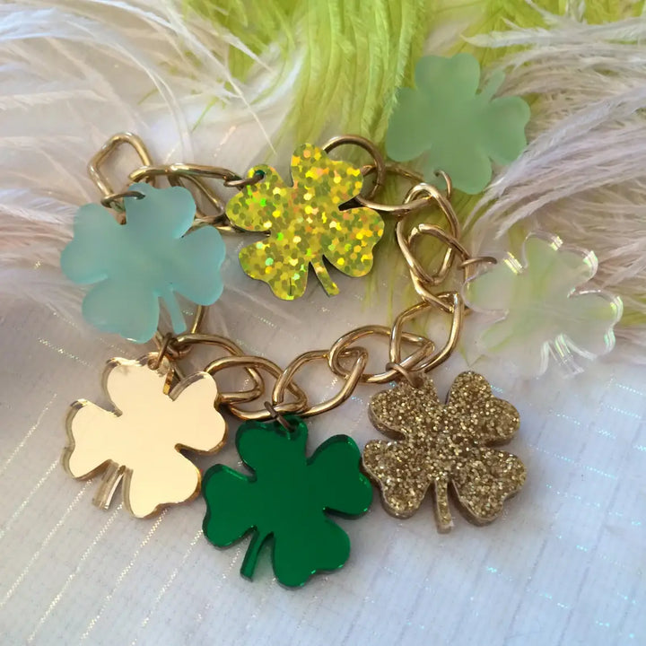 Green and Gold Shamrock Clover Charm Bracelet