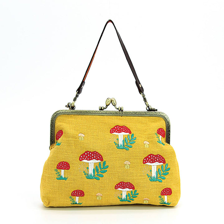 Mushrooms Kisslock Frame Handbag in Cotton: Black