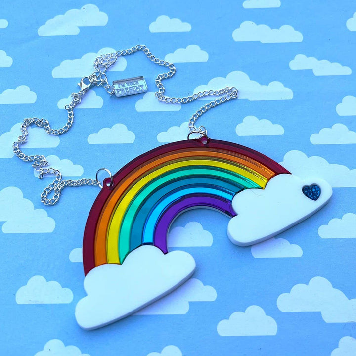 Mirrored Rainbow Acrylic Statement Necklace With Clouds