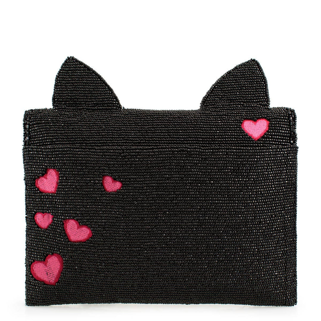 Kitty Couture Black and Pink Beaded Cat Crossbody Handbag