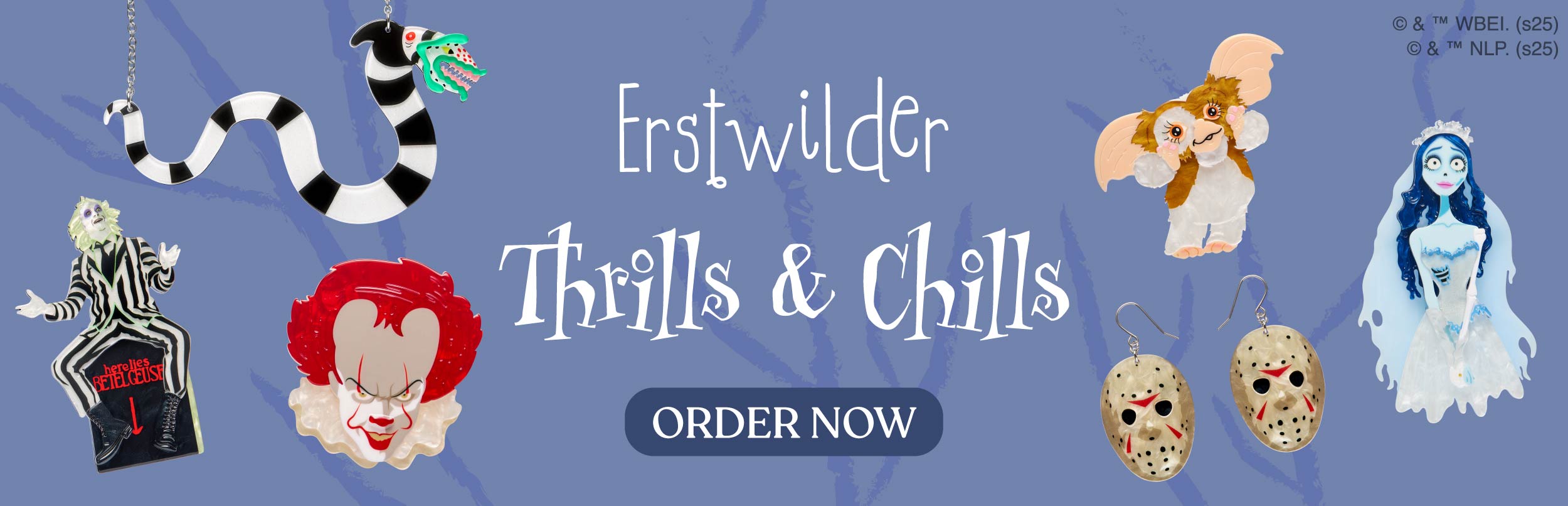 Erstwilder Thrills & Chills with character illustrations and text on a blue background.